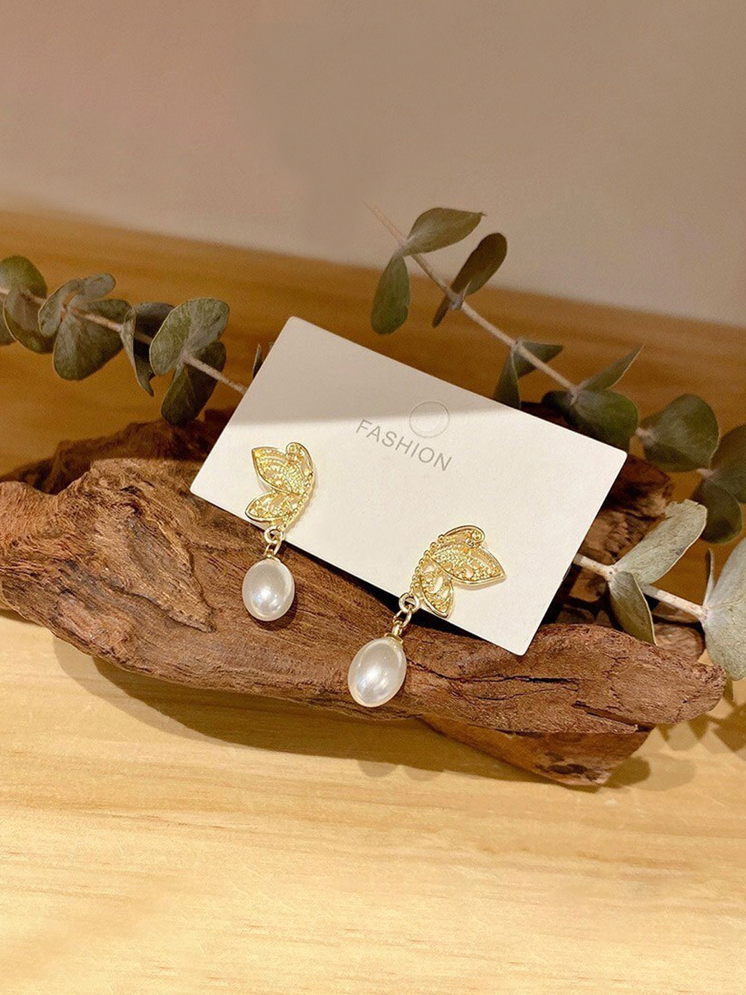 

Unwind by Yellow Chimes Gold-Plated Butterfly Pearl Drop Earrings