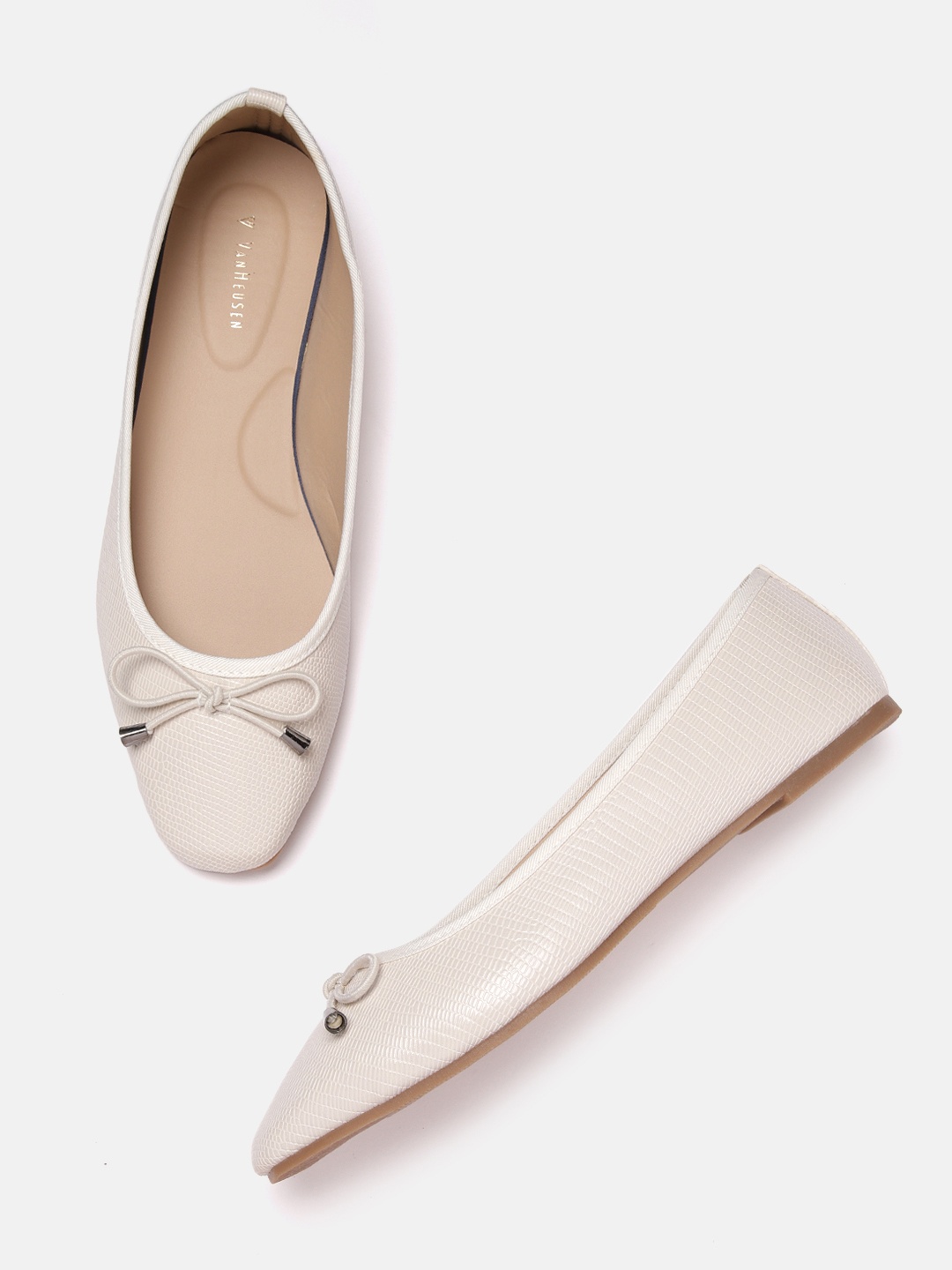 

Van Heusen Woman Women Off White Snake Skin Textured Ballerinas with Bows