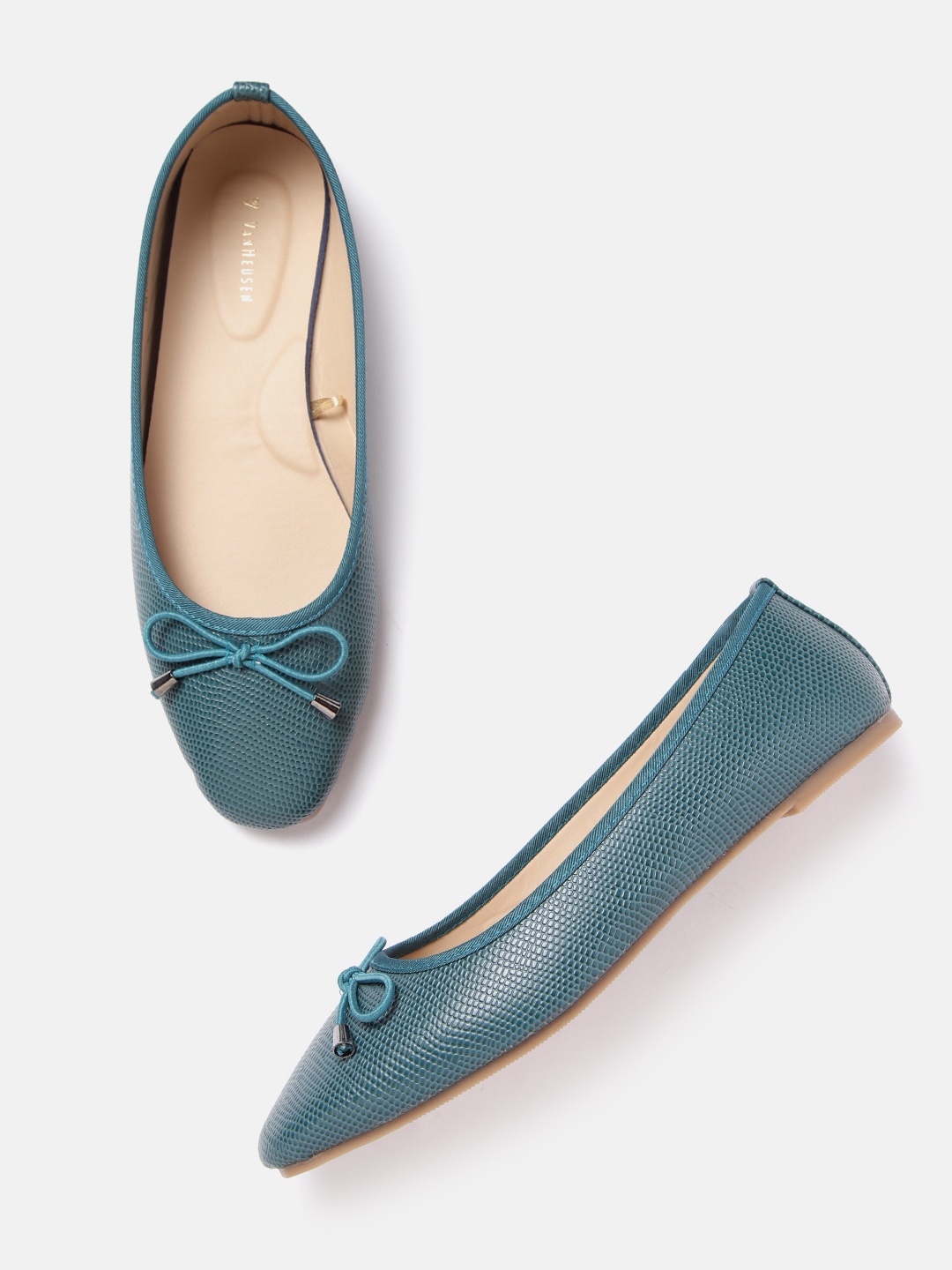 

Van Heusen Woman Teal Blue Snake Skin Textured Ballerinas with Bows