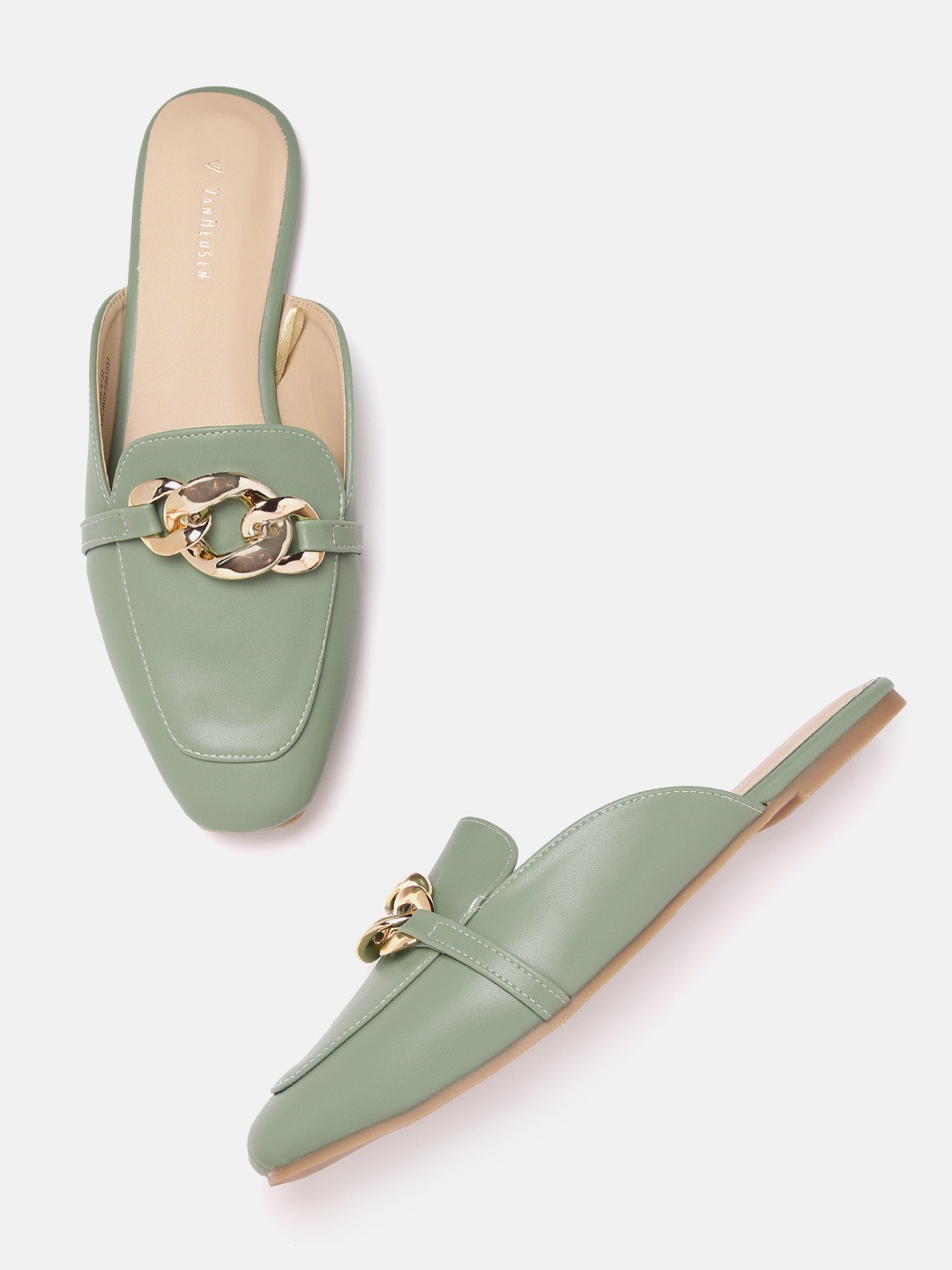 

Van Heusen Woman Sage Green Solid Mules with Chain Detail