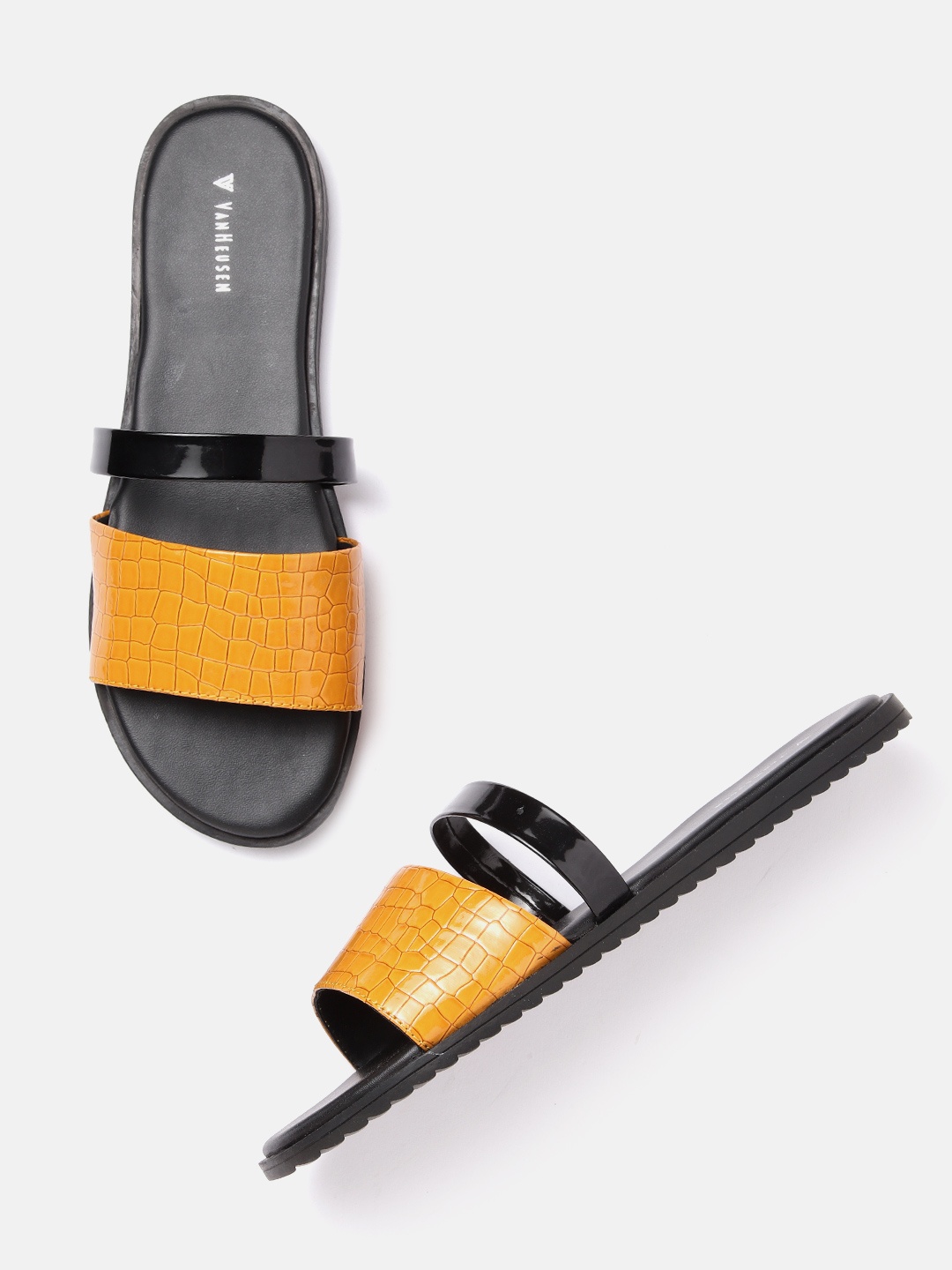 

Van Heusen Woman Croc Textured Open Toe Flats, Mustard
