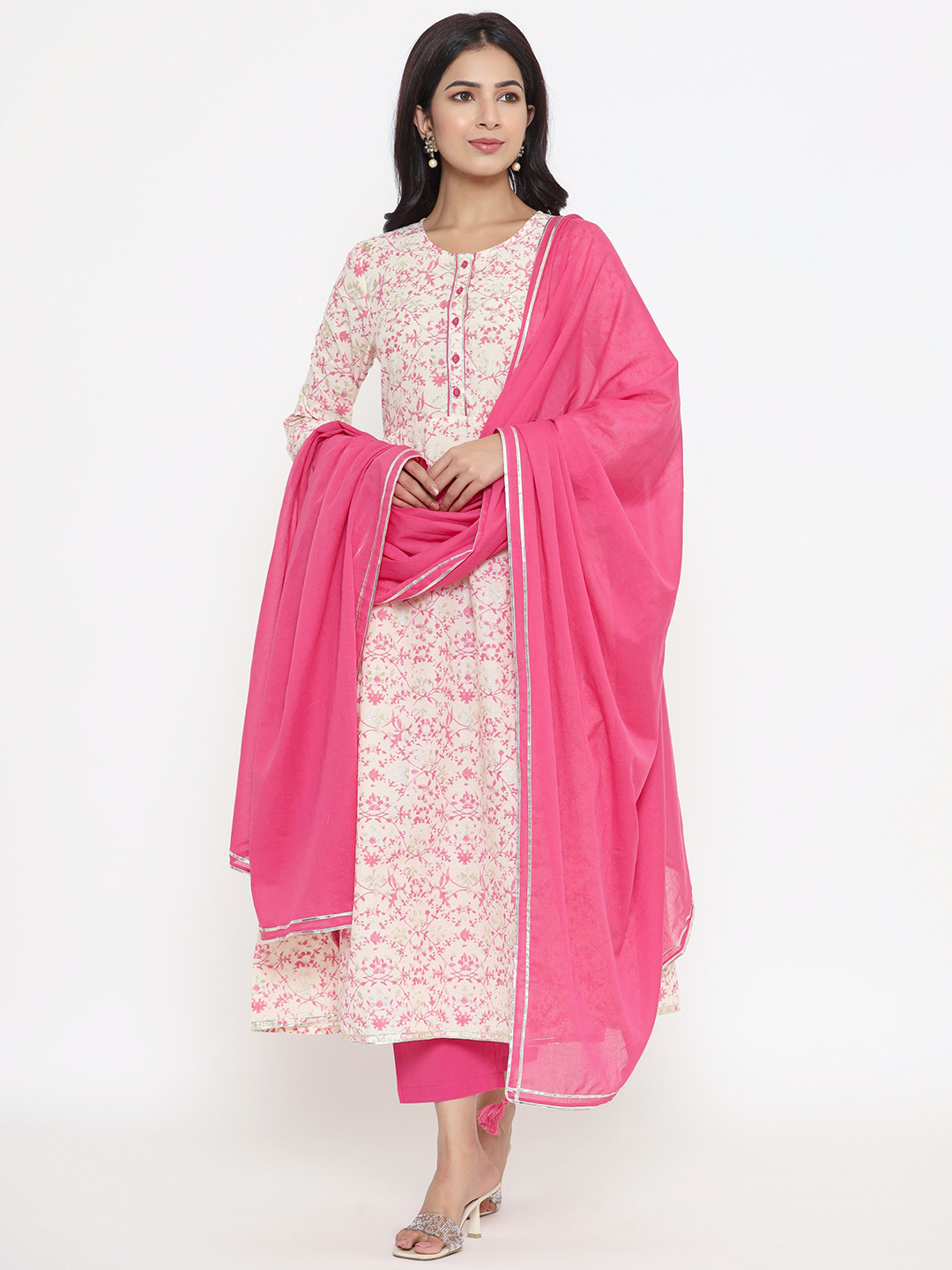 

Sutidora Women White Floral Pure Cotton Kurta with Palazzos & With Dupatta