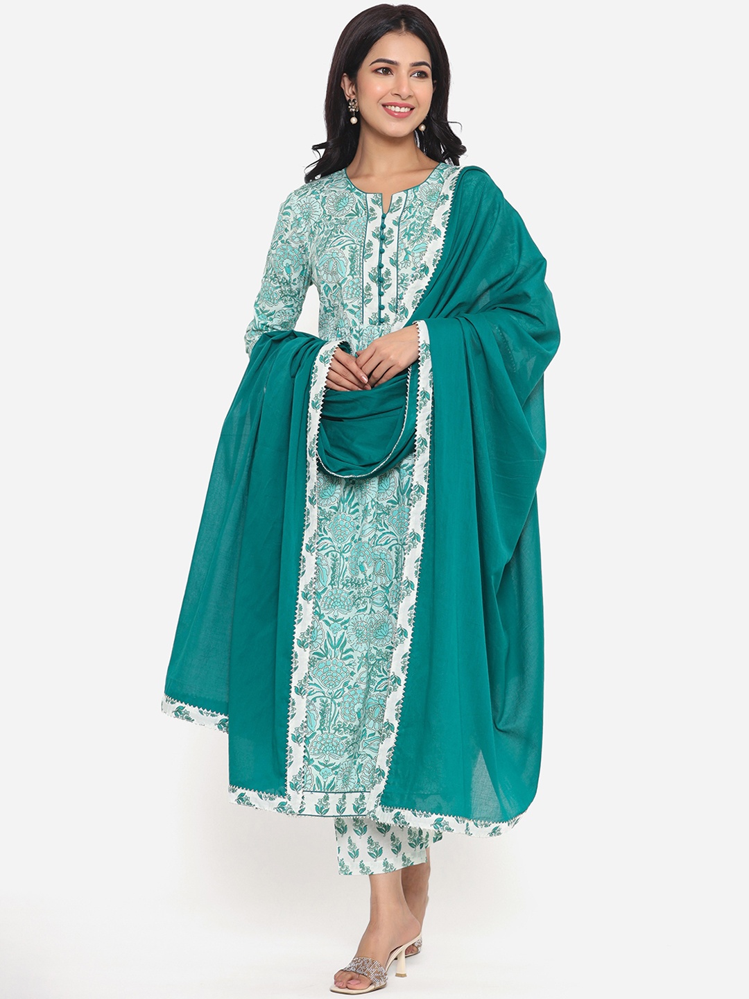 

Sutidora Women Green Floral Embroidered Pure Cotton Kurti with Trousers & With Dupatta