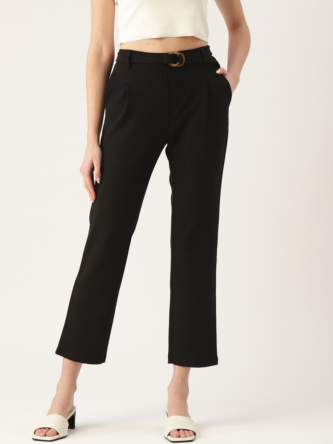 

DressBerry Women Black Solid Pleated Crop Trousers with Belt