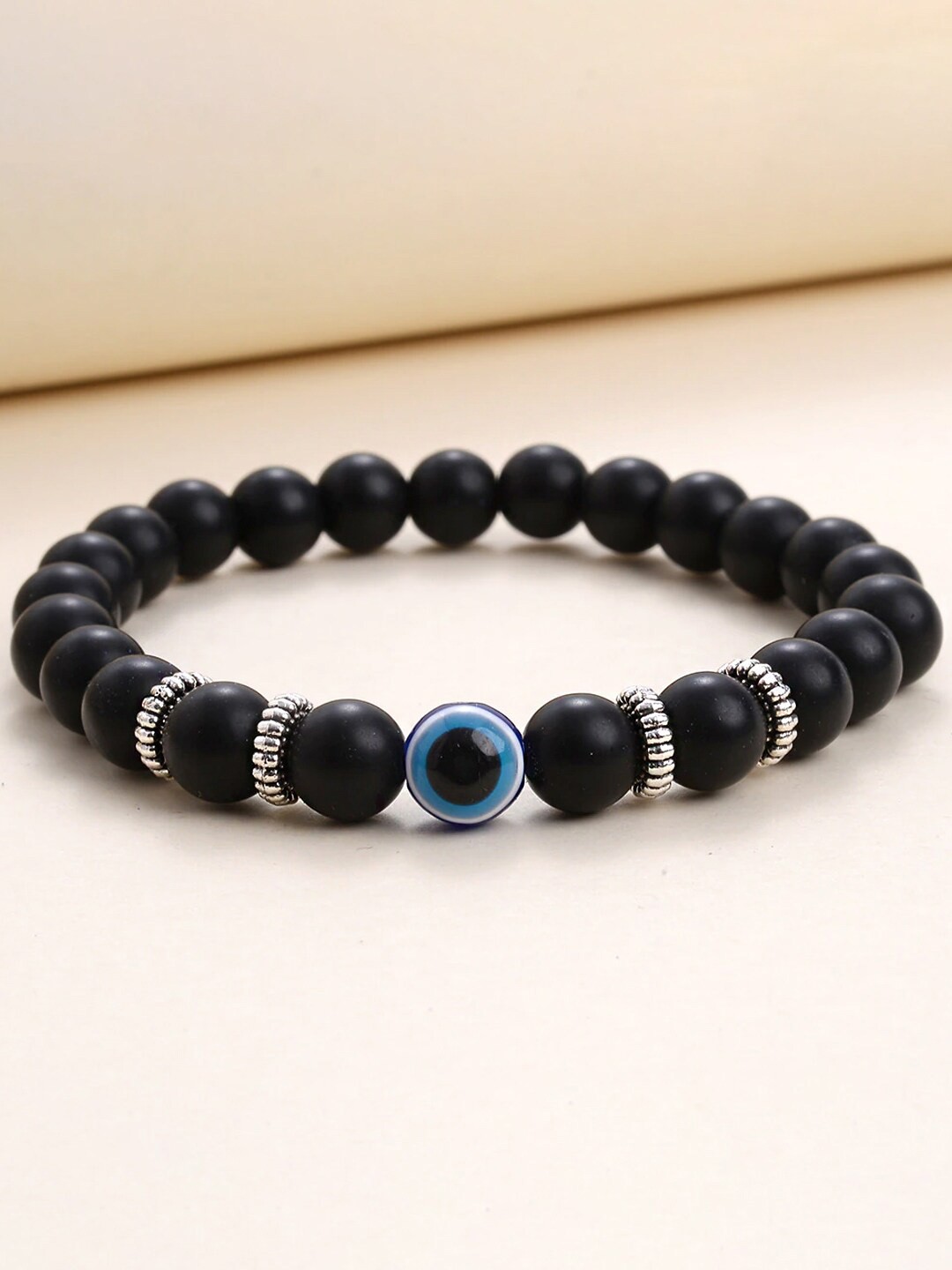 

Yellow Chimes Men Black Beaded With Evil Eye Stone Stretchable Bracelet