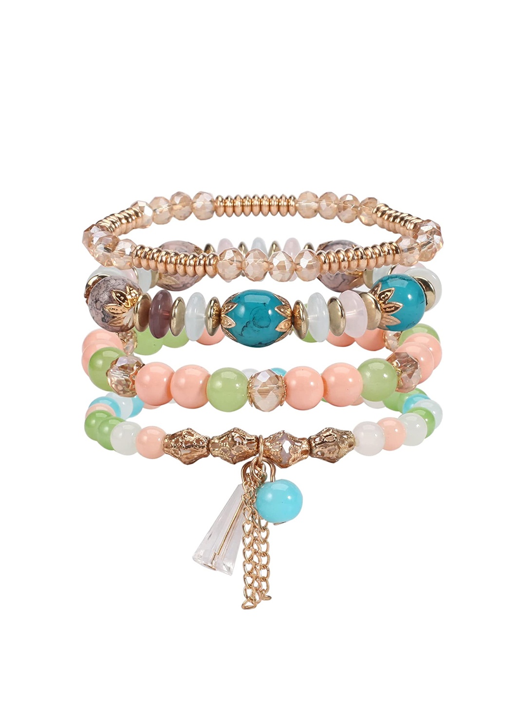 

Yellow Chimes Women Gold-Toned & Green Stone Beaded Layered Pearl Charm Hanging Bracelet