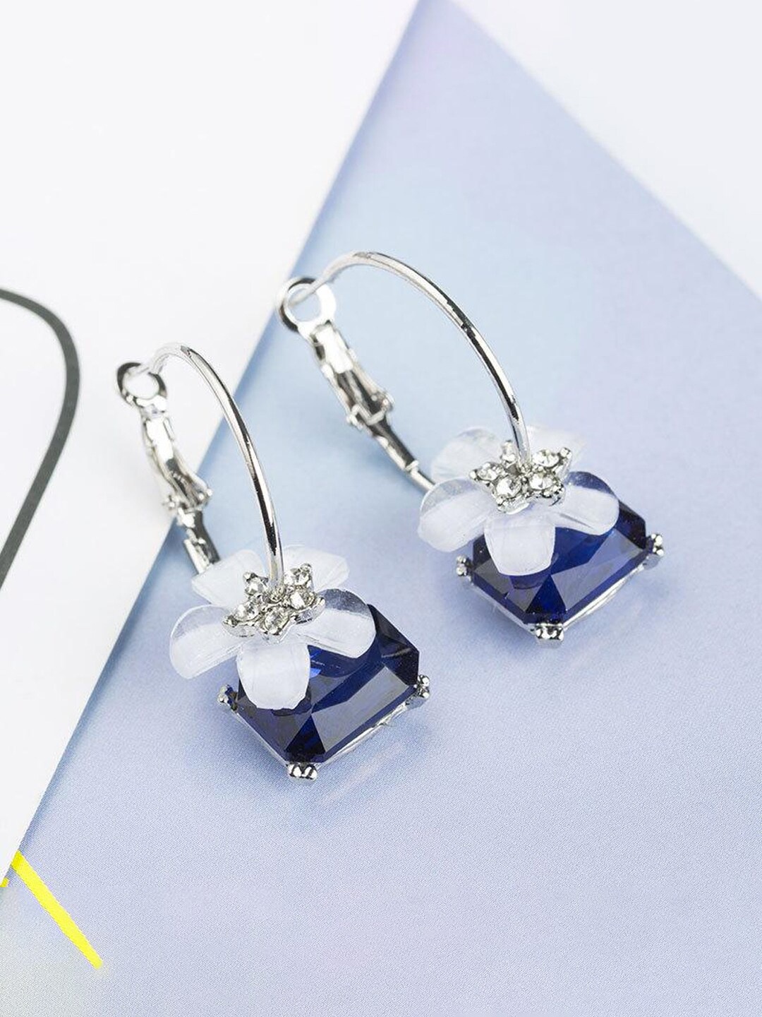 

Yellow Chimes Blue & Silver Hoop With Flower Stone Hanging Drop Earrings