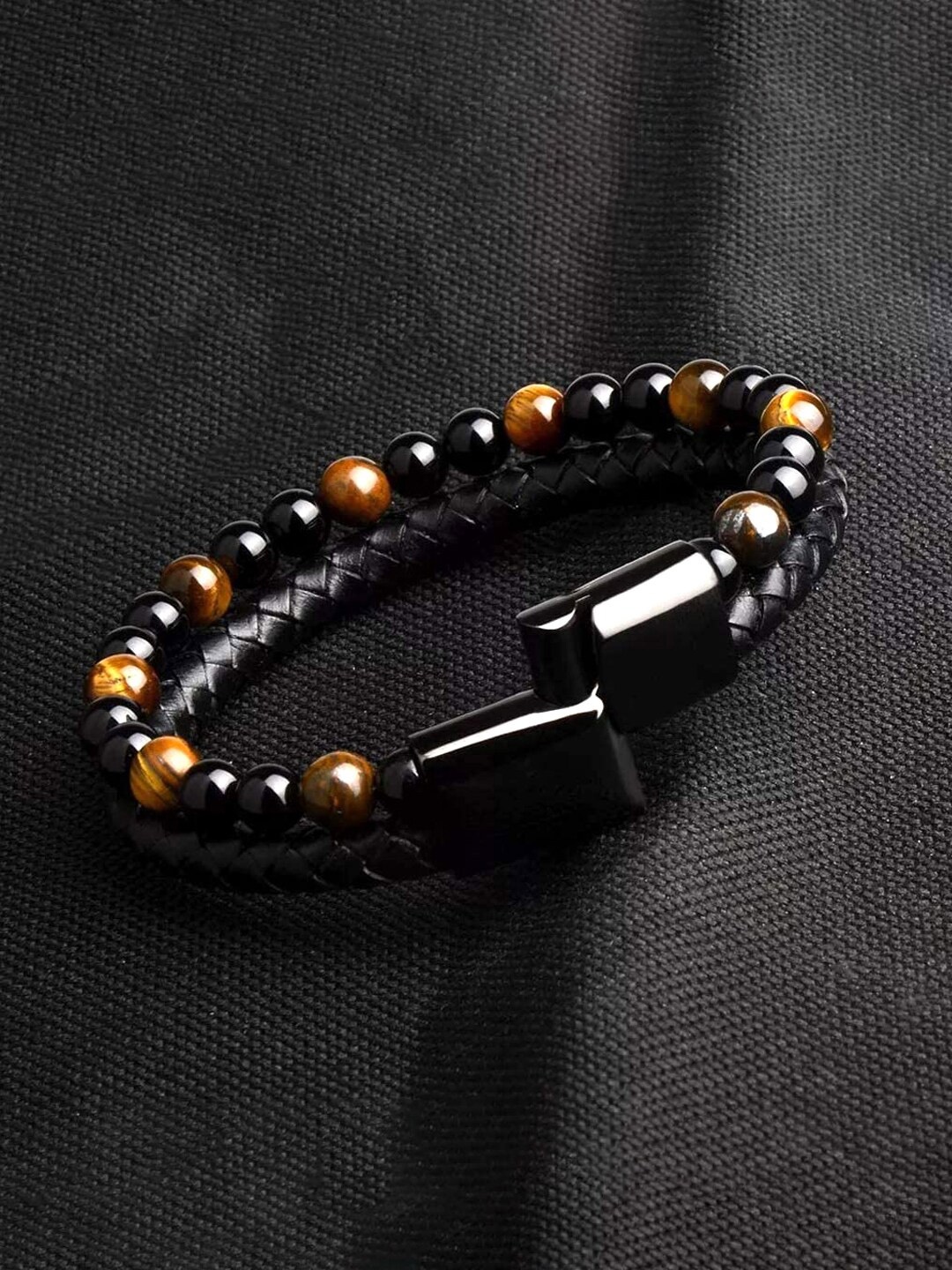 

Yellow Chimes Men Black & Orange Beaded Stretchable Bracelet