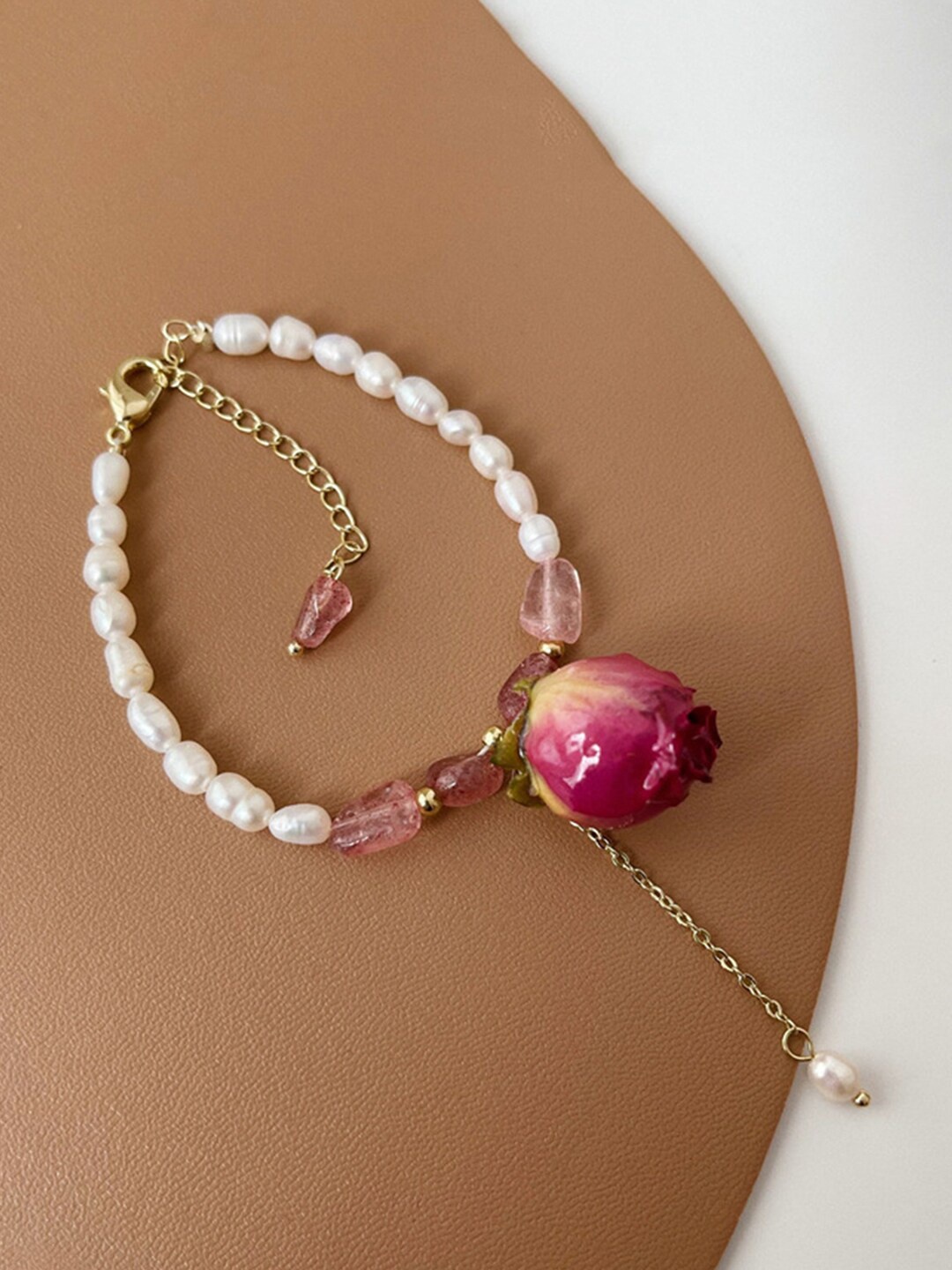 

Yellow Chimes Women Gold Tone Pearl Beaded Pink Rose Charm Hanging Adjustable Bracelet