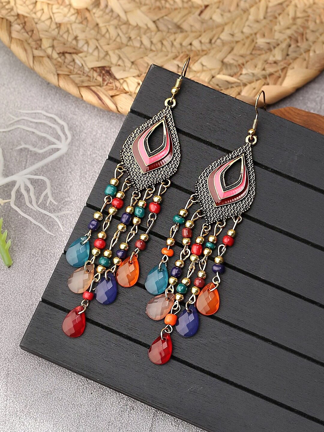 

Yellow Chimes Gold Tone Boho Multicolor Beaded Drop Dangler Earring, Multi
