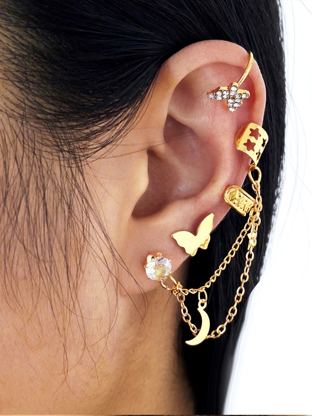 

Yellow Chimes Gold-Toned Multiple Charmed Chain Linked Ear Cuffs