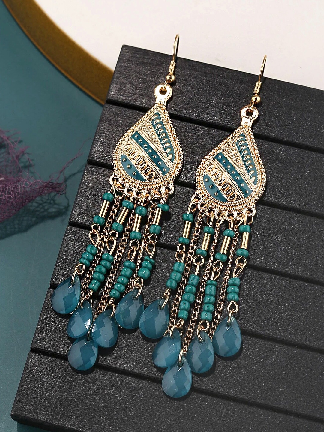 

Yellow Chimes Blue Beaded Boho Drop Dangler Earrings