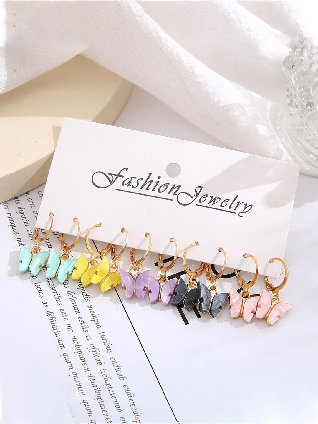 

Yellow Chimes Set of 6 Butterfly Charm Hanging Huggie Hoops Earring, Multi