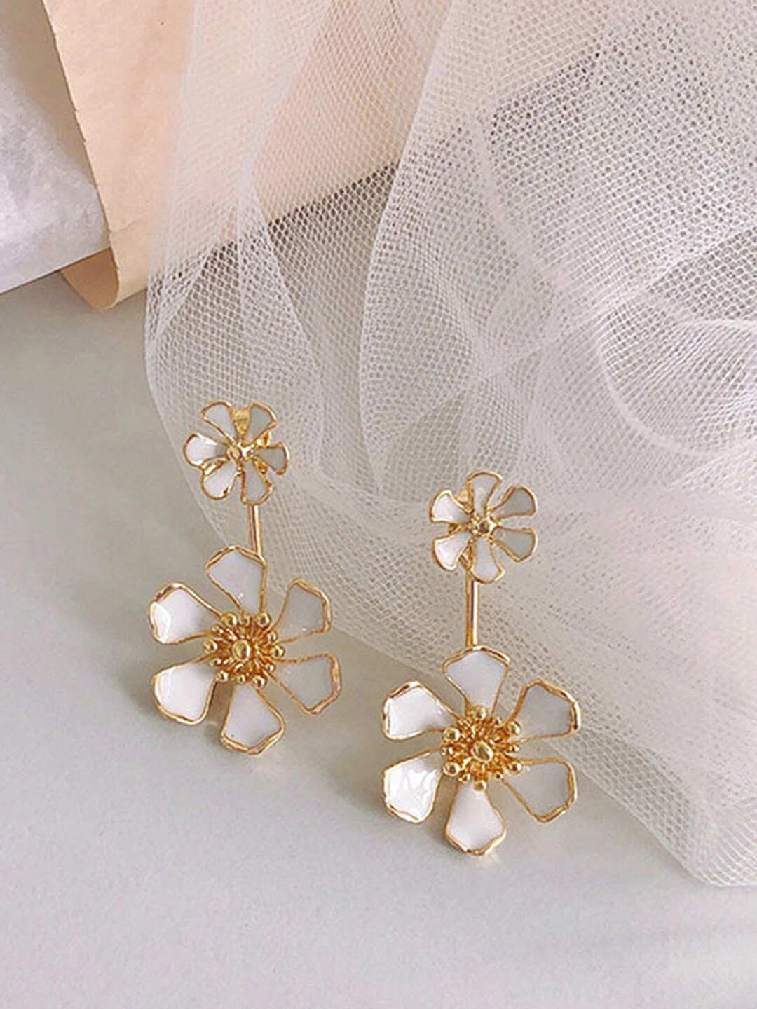 

Yellow Chimes Gold Tone White Double Drop Flower Earrings