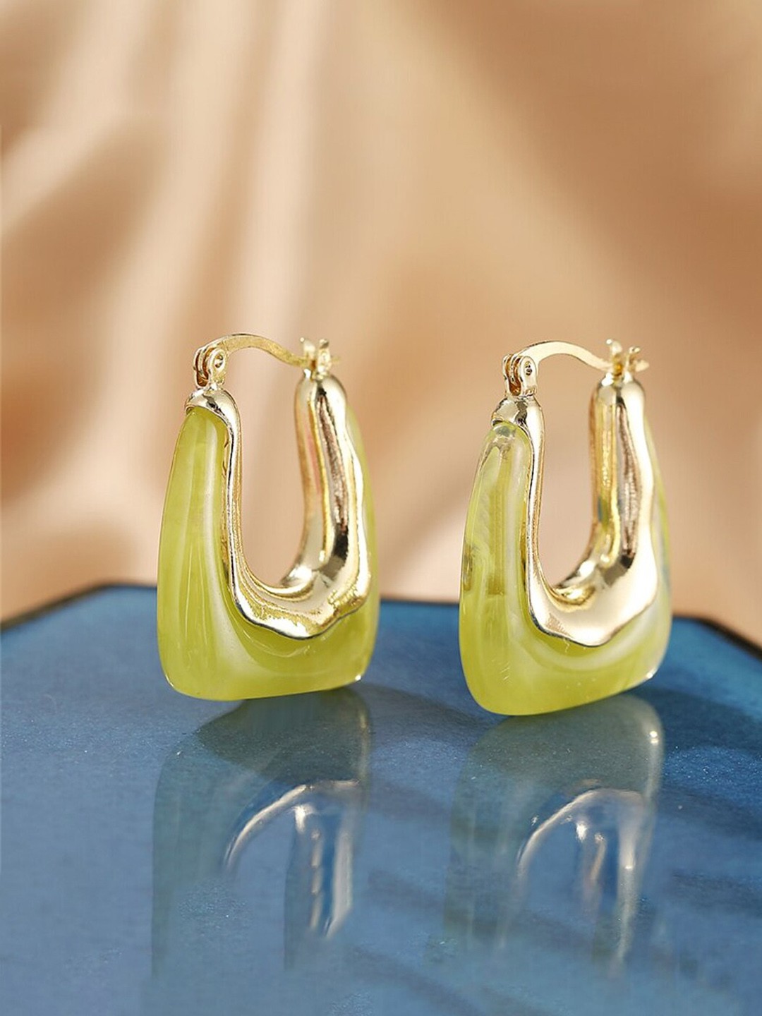 

Yellow Chimes Women Green Color Stone Geometric Hinged Tube Hoop Earrings