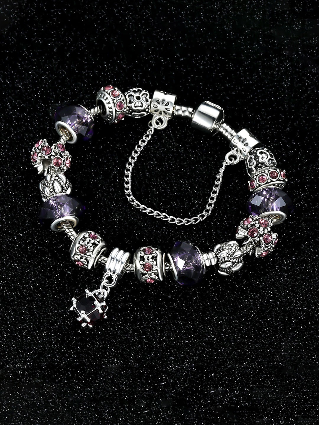 

Yellow Chimes Women Silver Toned Purple Crystal Studded Charm Hanging Bracelet