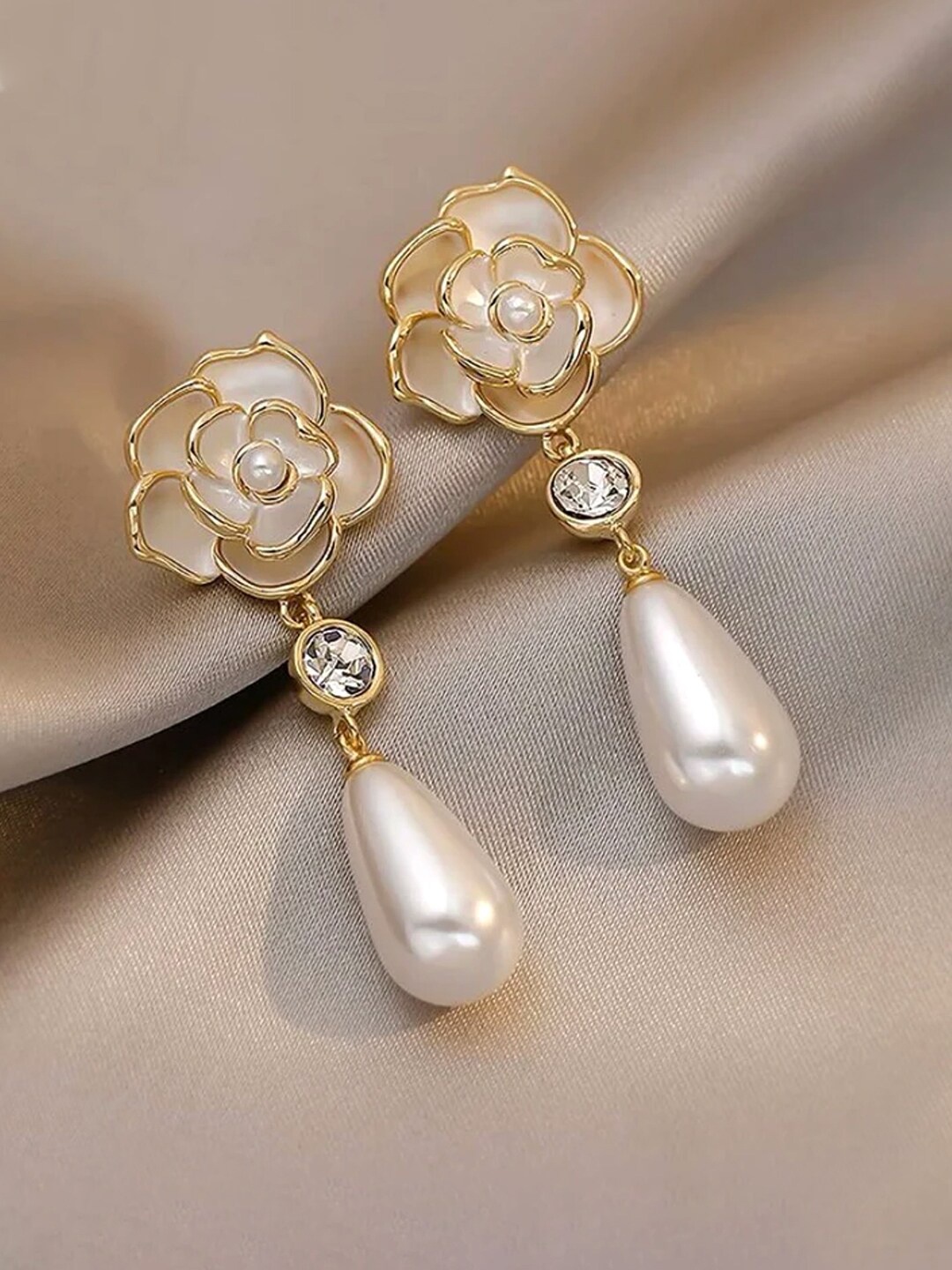 

Yellow Chimes Women Gold-Toned & White Flower Studded Teardrop Pearl Hanging Drop Earrings