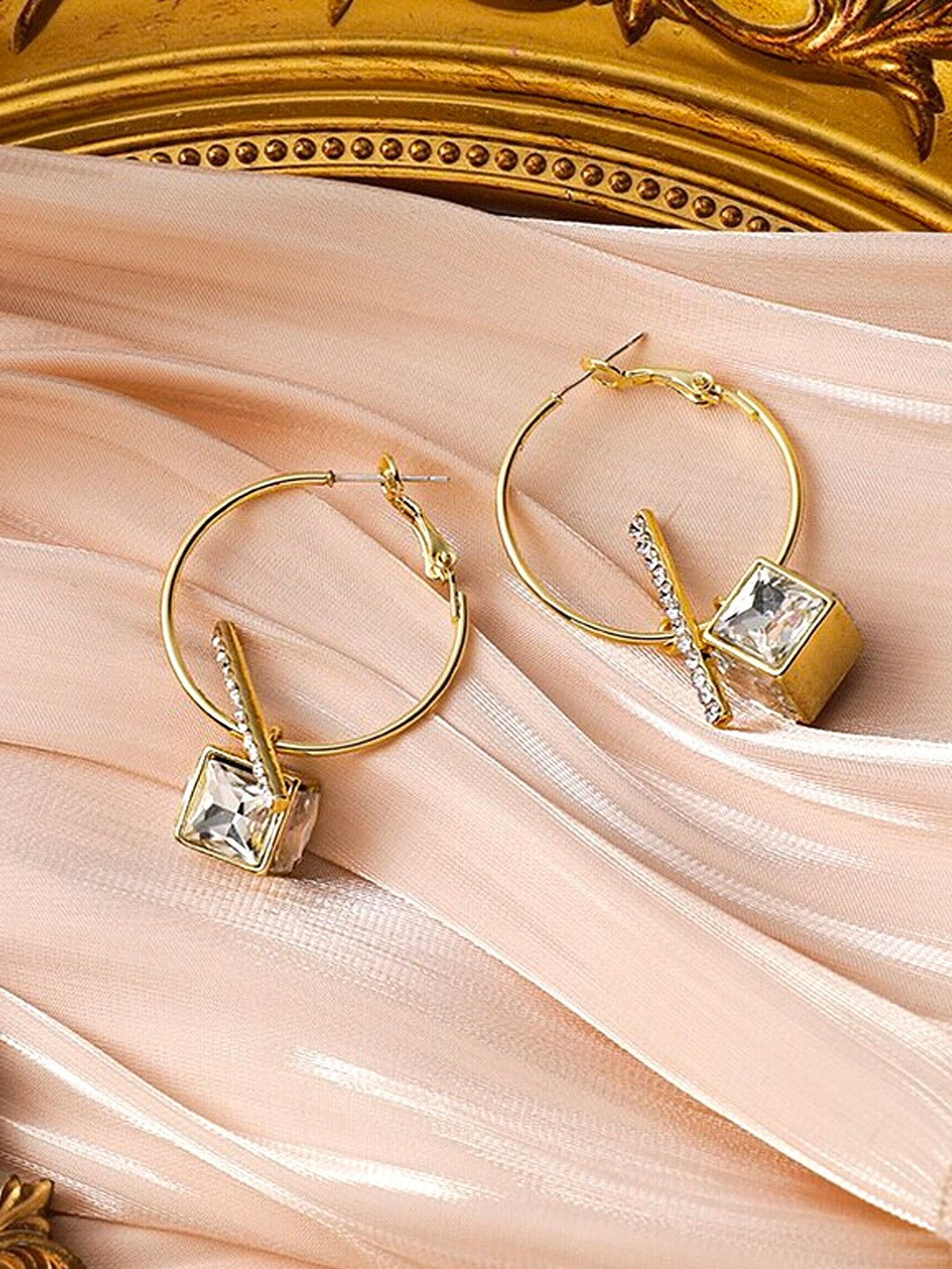 

Yellow Chimes Women Gold Toned Contemporary Crystal Circle Drop Earrings
