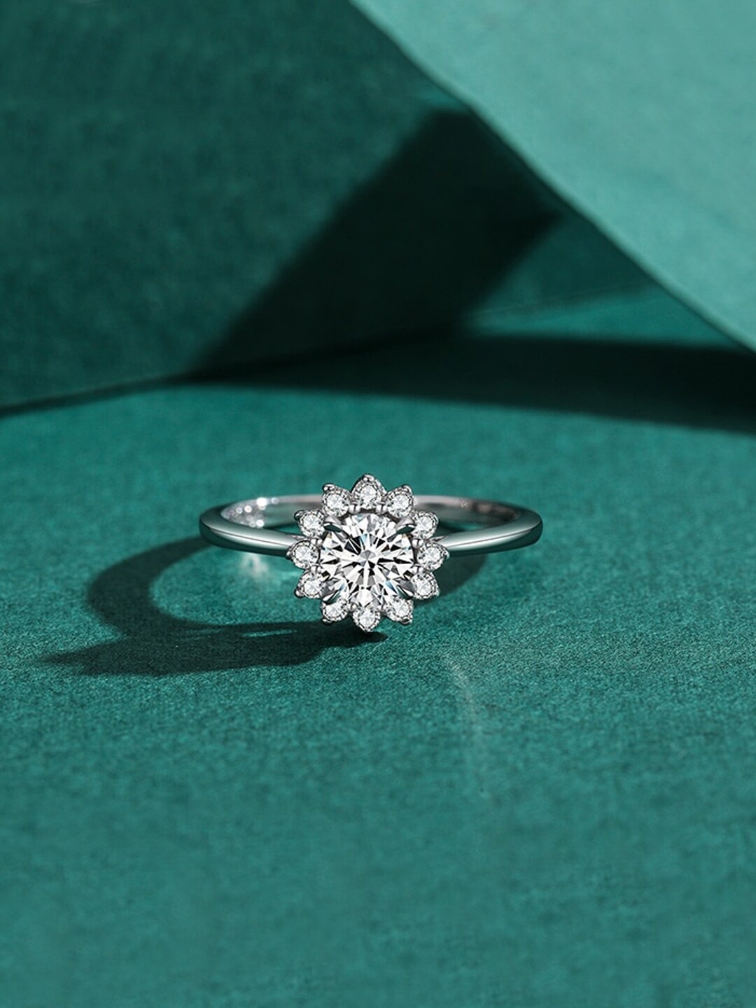

Yellow Chimes Silver-Plated White Crystals Studded Flower Finger Ring