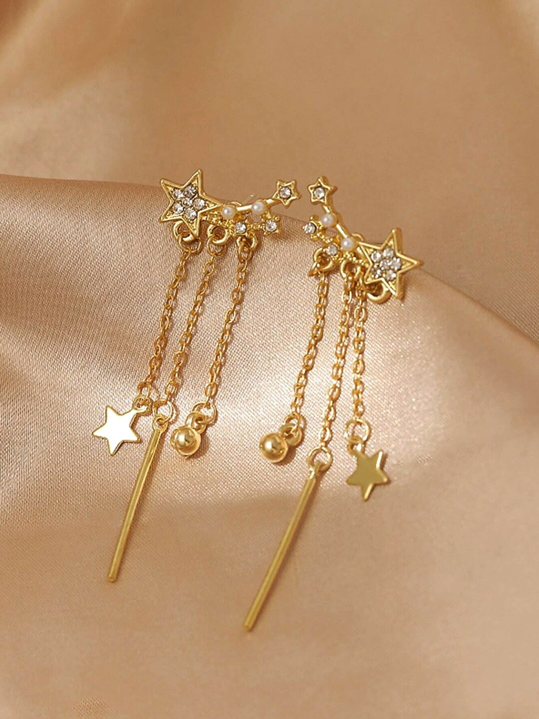 

Yellow Chimes Gold Toned Crystal Stud Chain Hanging Drop Danglers Earrings