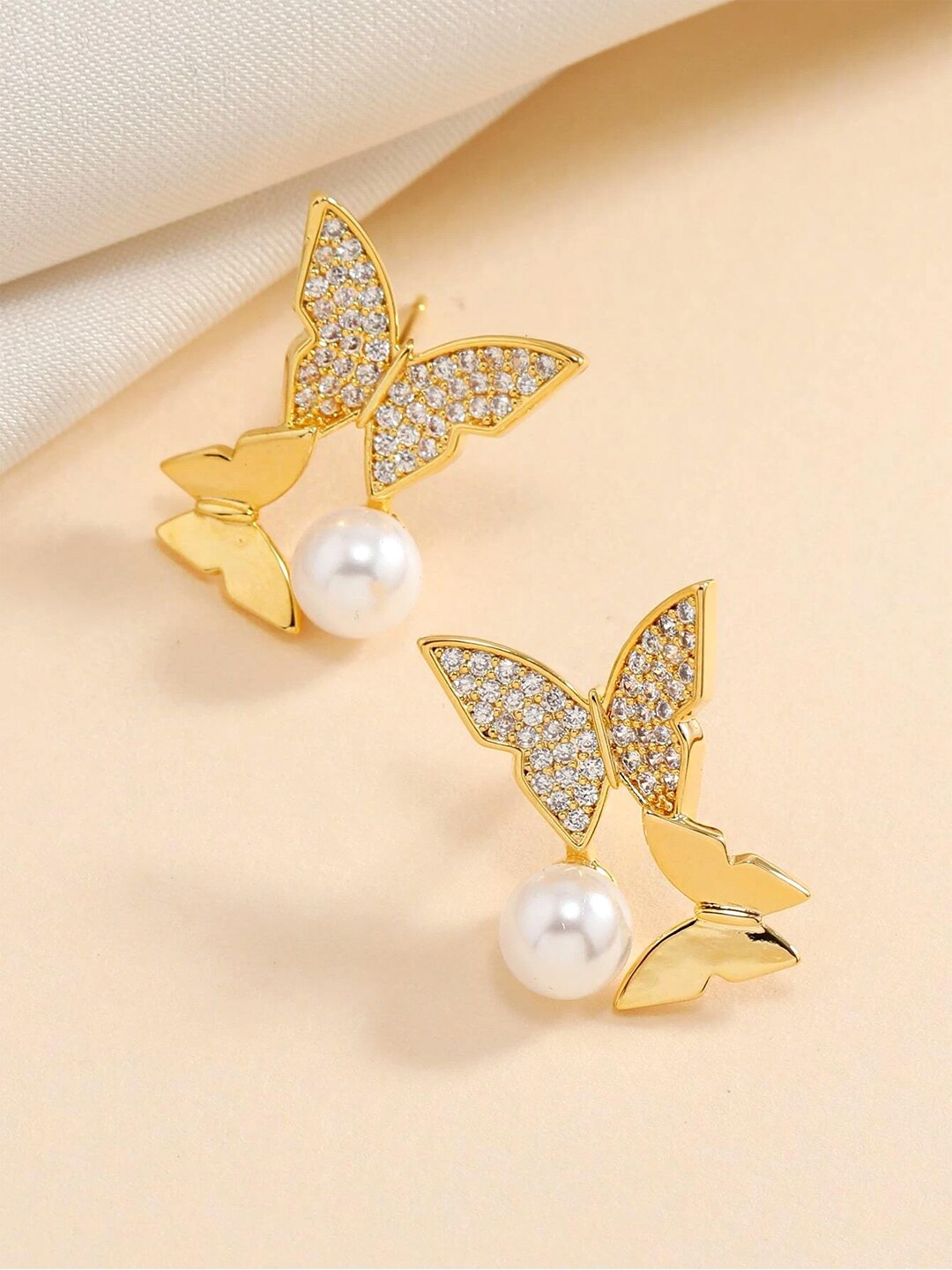 

Yellow Chimes Gold-Plated Double Butterfly Crystal Studded With Pearl Drop Earrings
