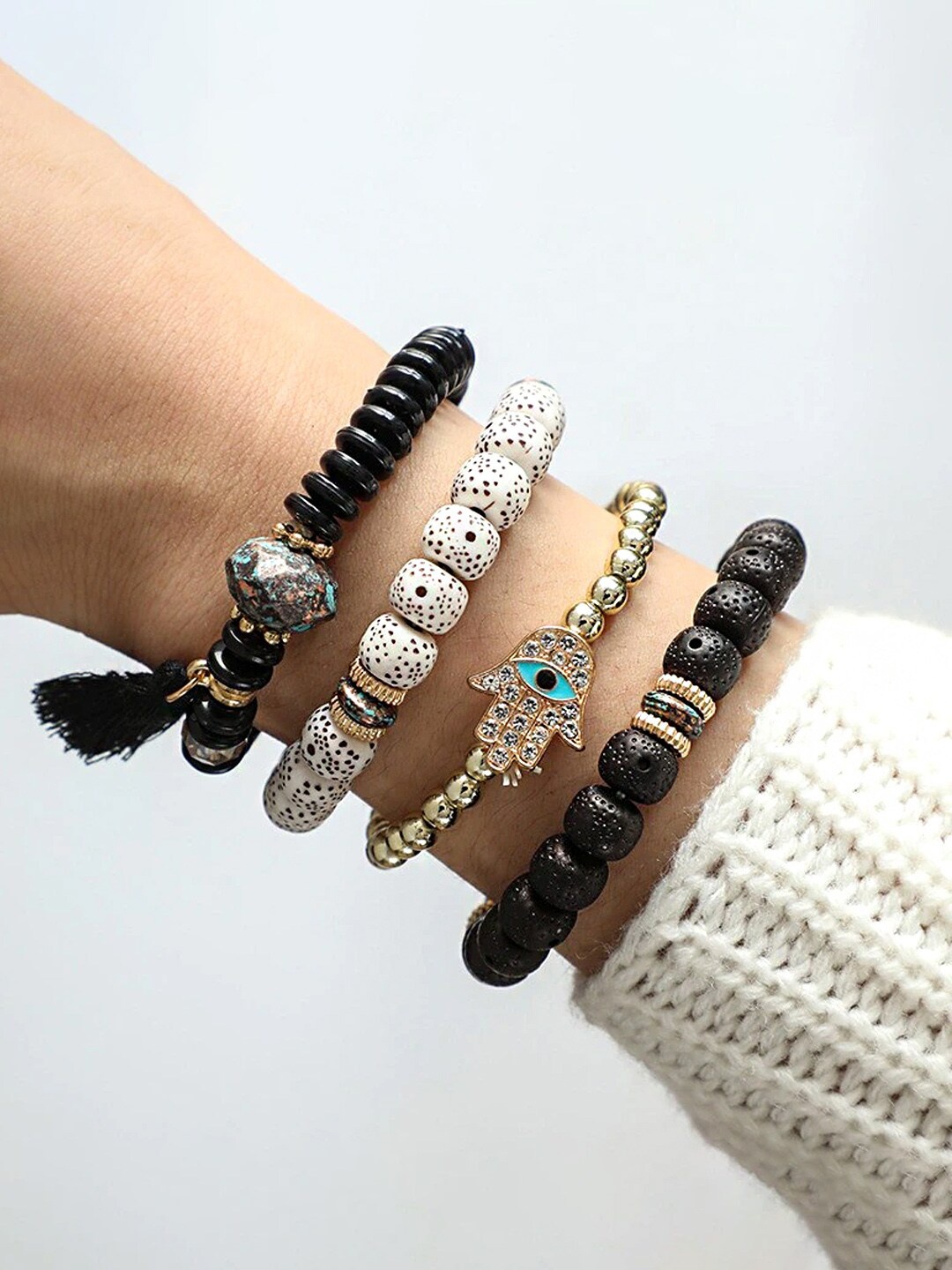 

Yellow Chimes Multilayered Multicolor Beaded Bracelet, Black
