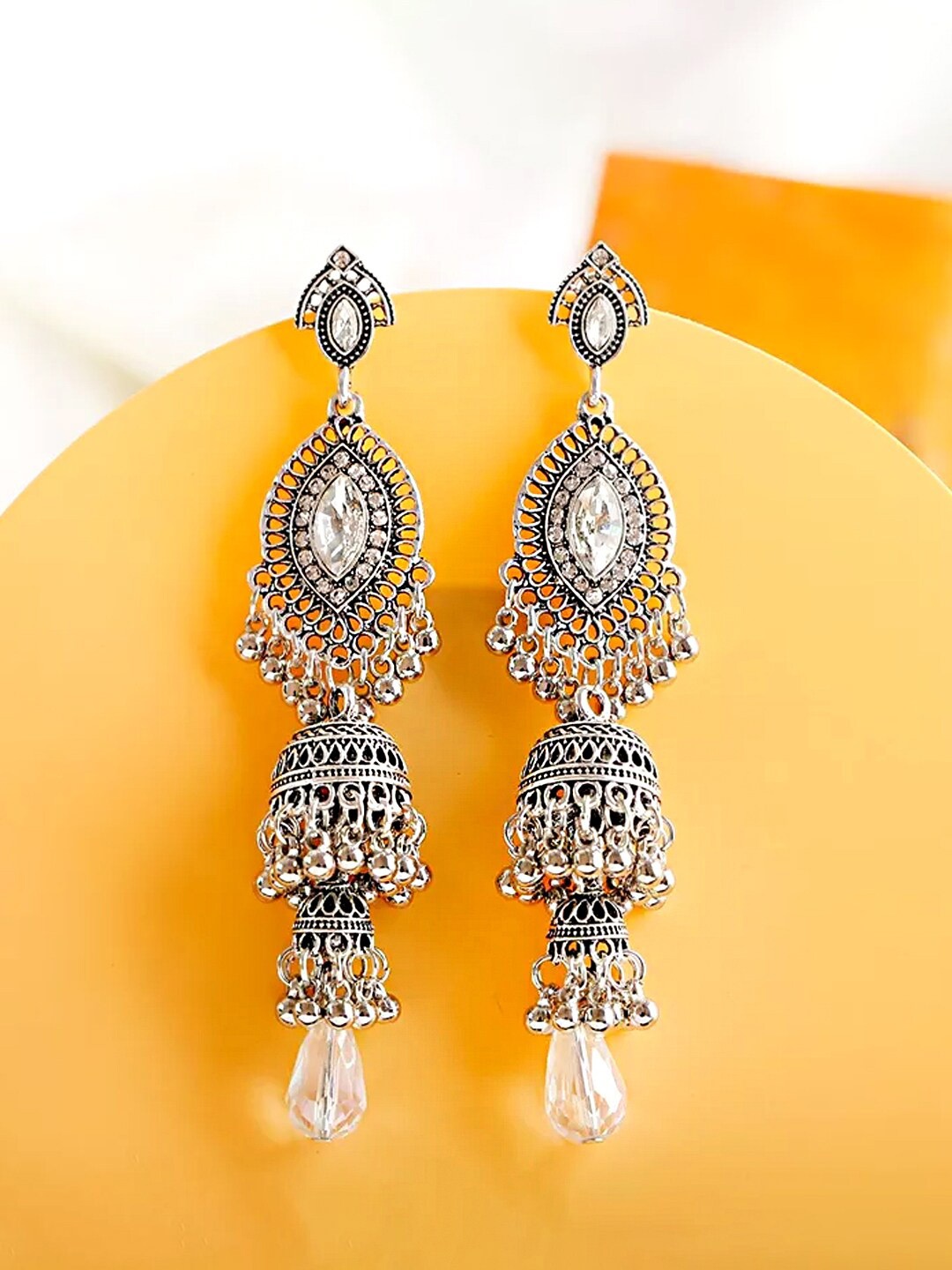 

Yellow Chimes Silver Tone Antique Bohemian Crystal Studded Dangler Earring
