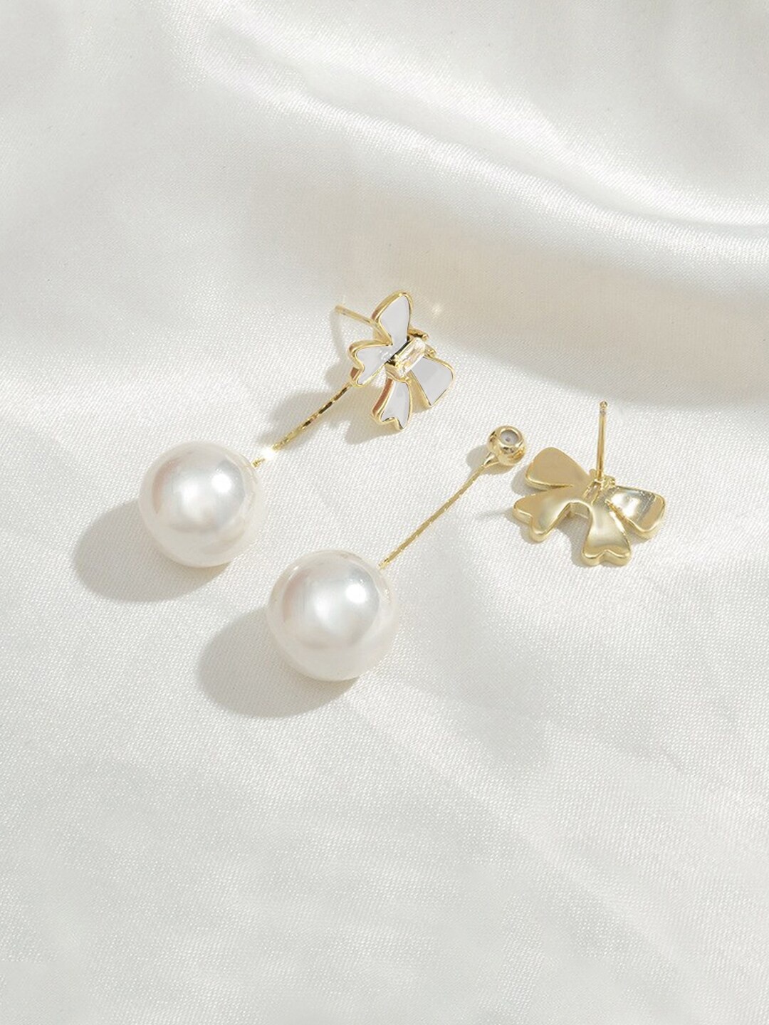 

Yellow Chimes Statement Bow Shaped Stud Pearl Hanging Back Drop Earrings, White
