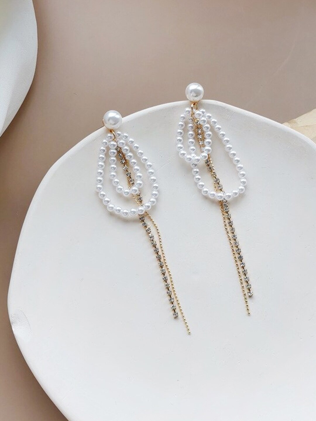 

Yellow Chimes White & Gold Tone Pearl Stud with Crystal Chain Danglers Earrings