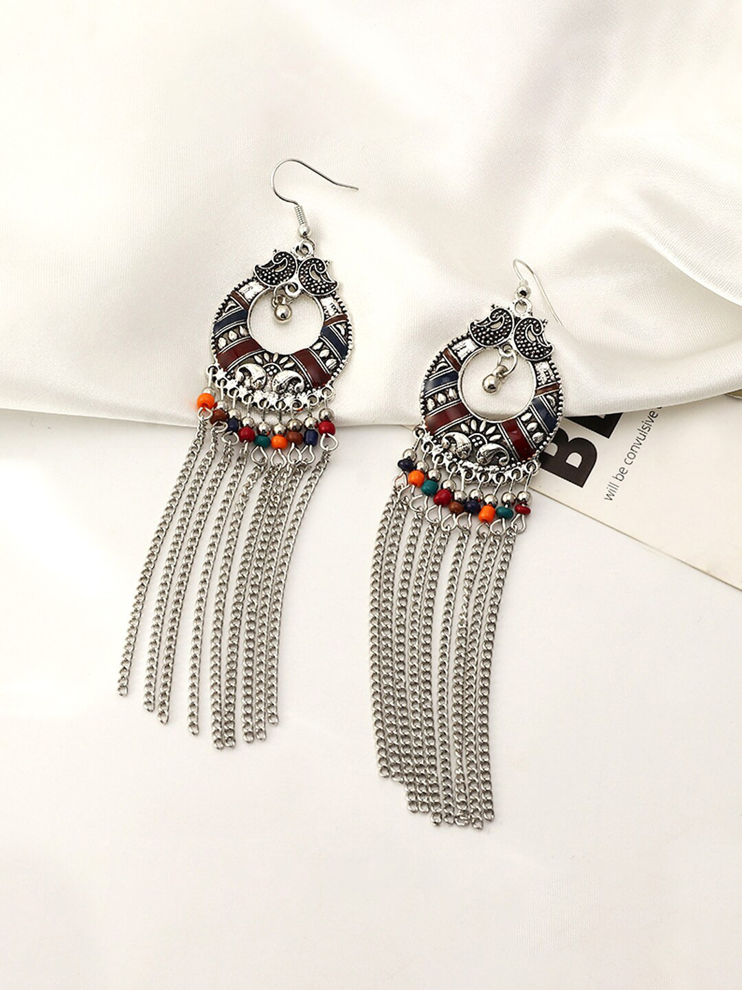 

Yellow Chimes Woman Silver Plated Multicolor Beaded Tassel Drop Dangler Earring