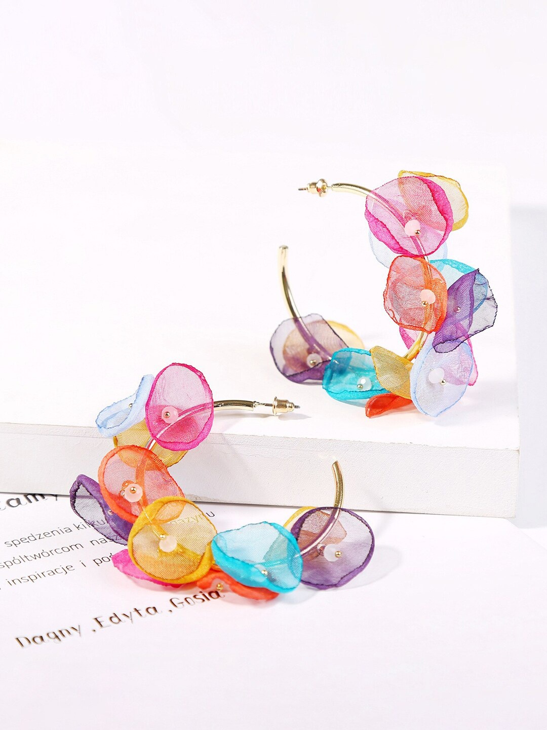 

Yellow Chimes Gold Toned Multicolor Petals Attached Half Hoop Earrings, Multi