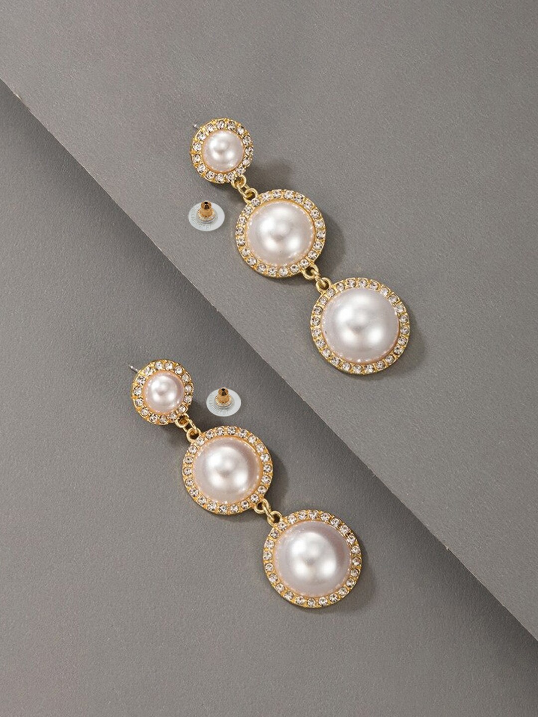

Yellow Chimes Gold-Tone Triple Round Pearl Drop Danglers Earrings, White