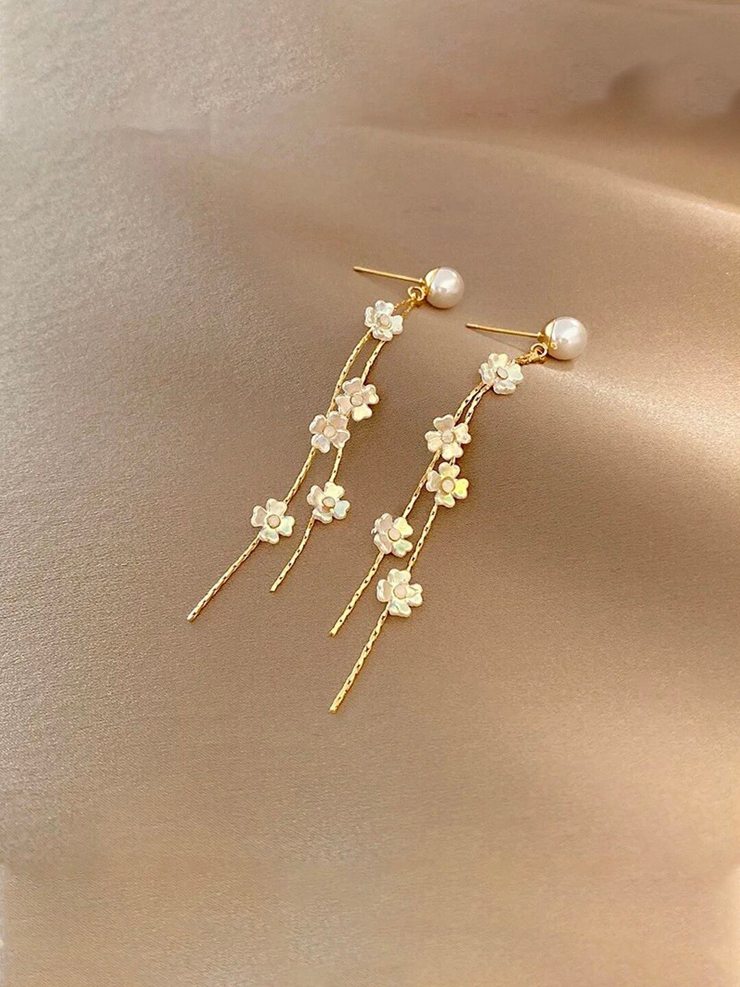 

Yellow Chimes Gold-Toned Pearl Stud Linear Chain Crystal Studded Dangler Earrings