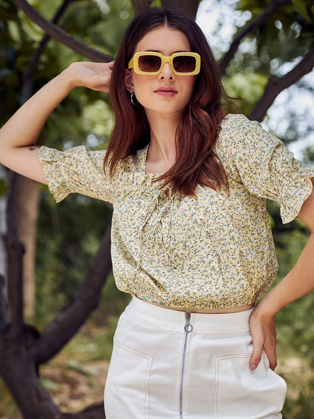 

Athena Women Yellow Floral Print Blouson Top