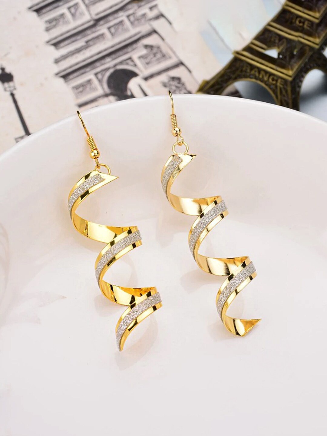 

Unwind by Yellow Chimes White & Gold-Toned Spiral Dangler Earrings