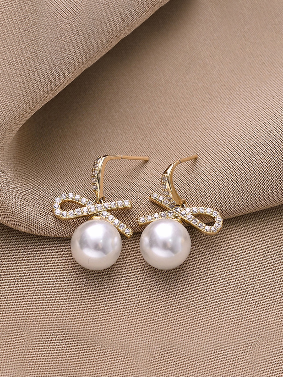 

Unwind by Yellow Chimes White Pear and Crystal Studded Drop Earrings, Gold