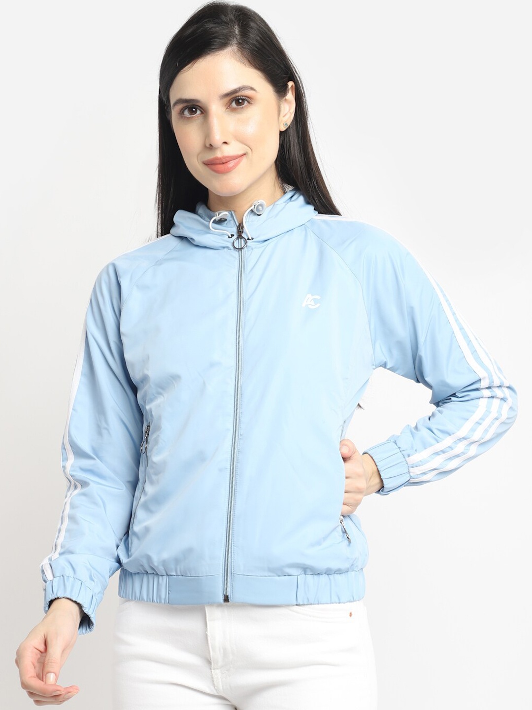 

ANTI CULTURE Women Blue Windcheater and Water Resistant Outdoor Bomber Jacket