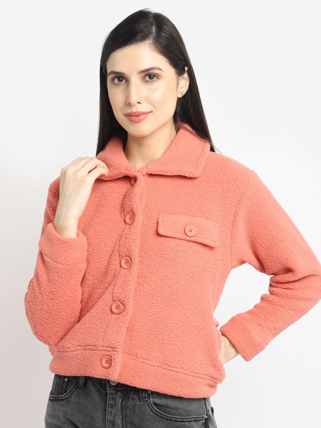 

ANTI CULTURE Women Coral Solid Cotton Sweatshirt