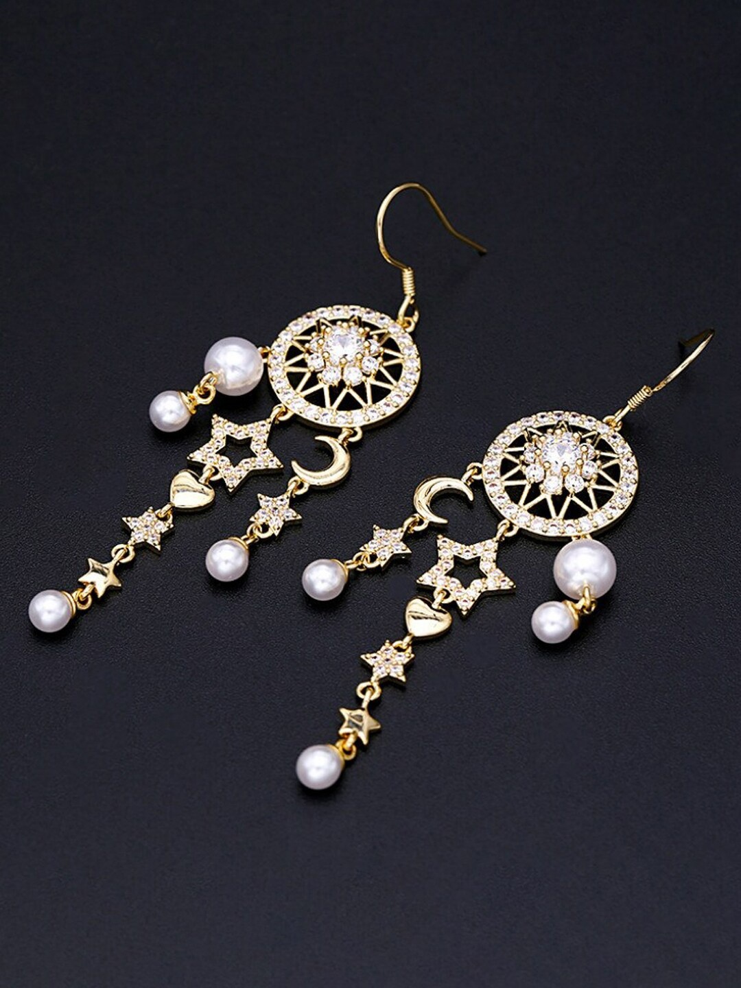 

Yellow Chimes Gold-Plated Crystal Studded Round Shape Pearl Drop Dangle Earrings