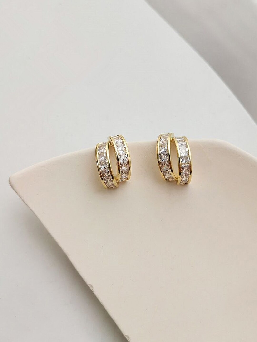 

Yellow Chimes Gold-Toned Double Layer Hoop Shaped Crystal Beaded Stud Earrings