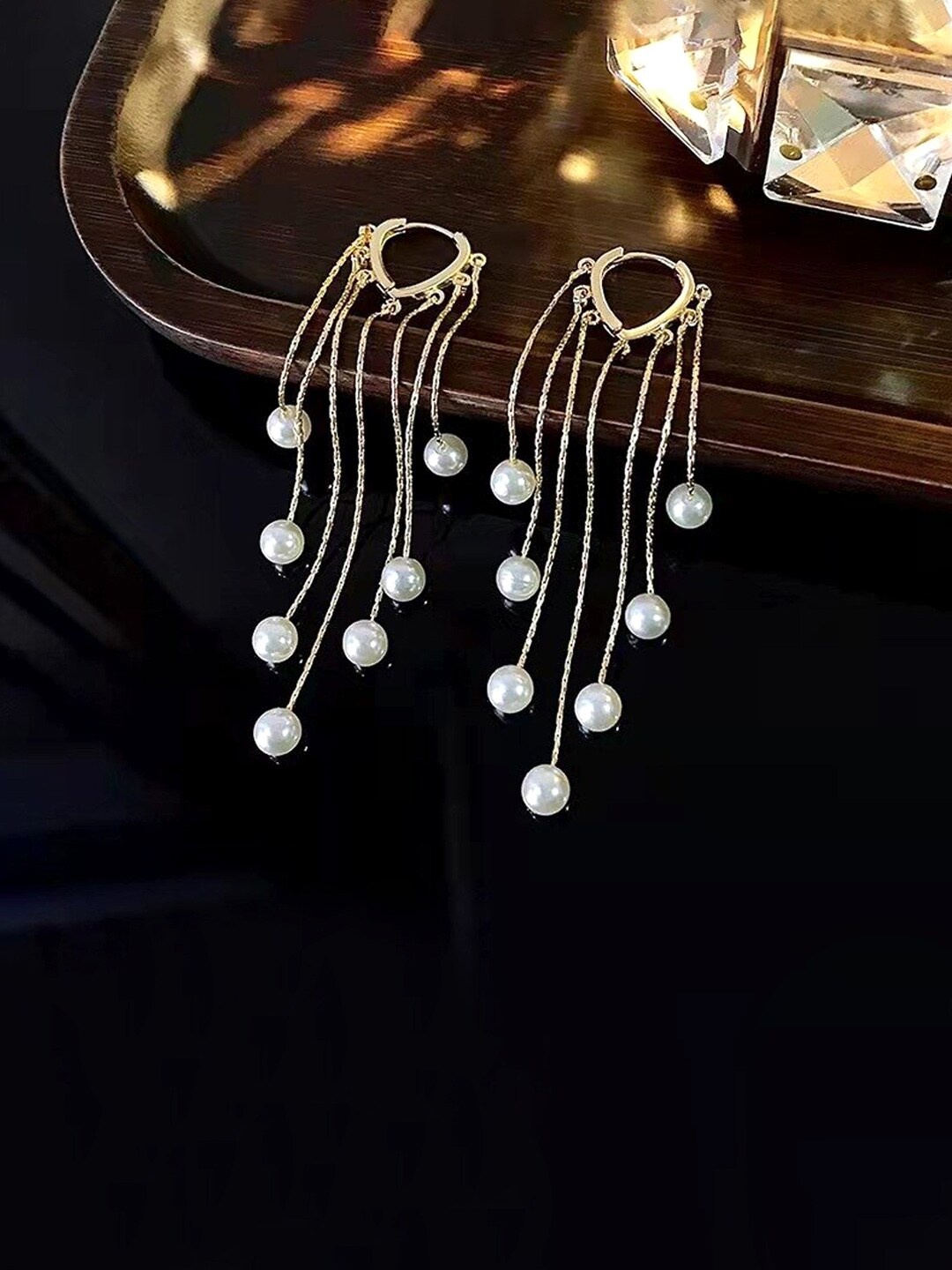 

Yellow Chimes Gold-Toned Pearl Beads Hanging Drop Dangler Earrings