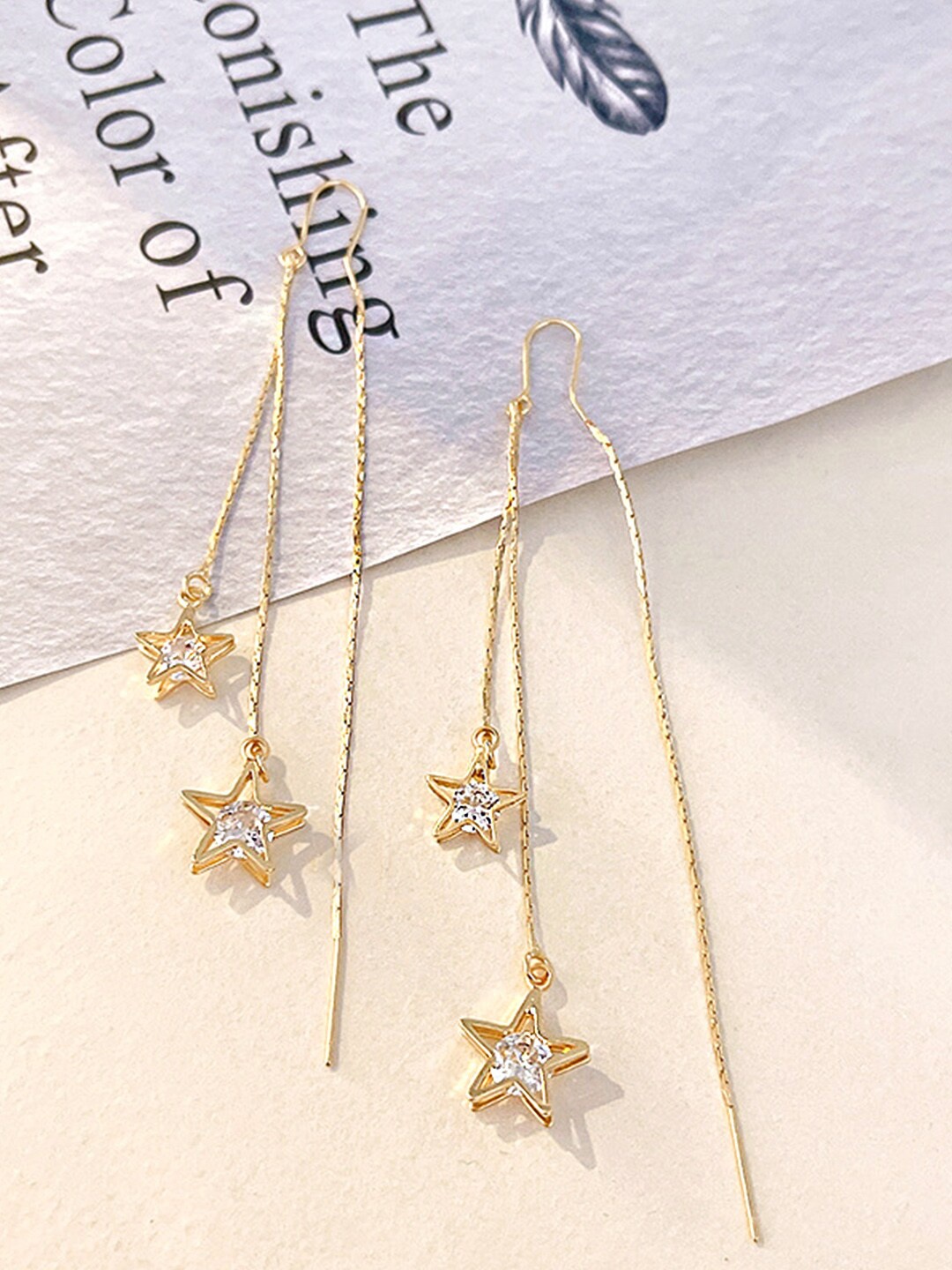 

Yellow Chimes Gold-Toned Star-Shaped Crystal Studded Contemporary Drop Earrings