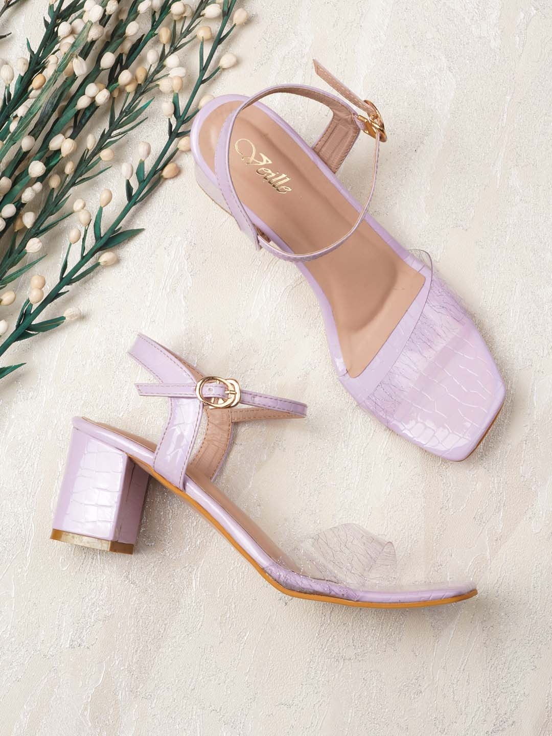 

VEILLE Lavender Printed PU Block Sandals