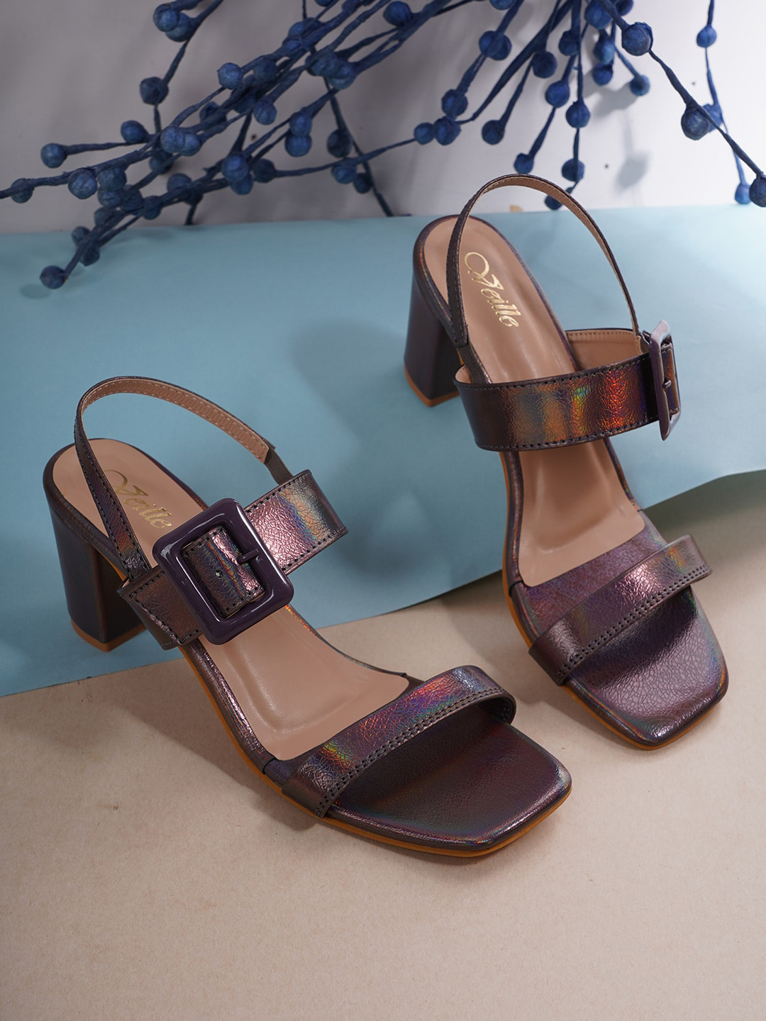 

VEILLE Copper-Toned PU Block Sandals with Buckles