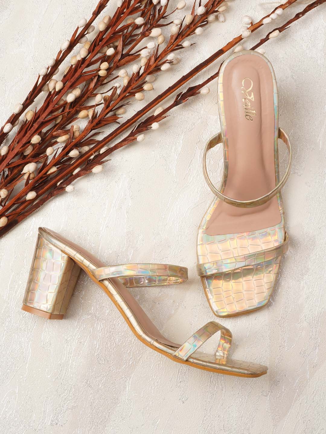 

VEILLE Gold-Toned Textured PU Block Sandals