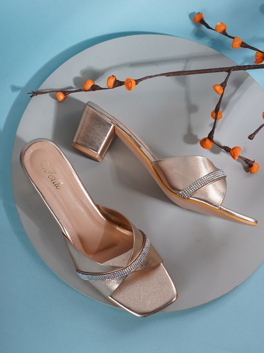 

VEILLE Womens Rose Gold Embellished PU Block Heels