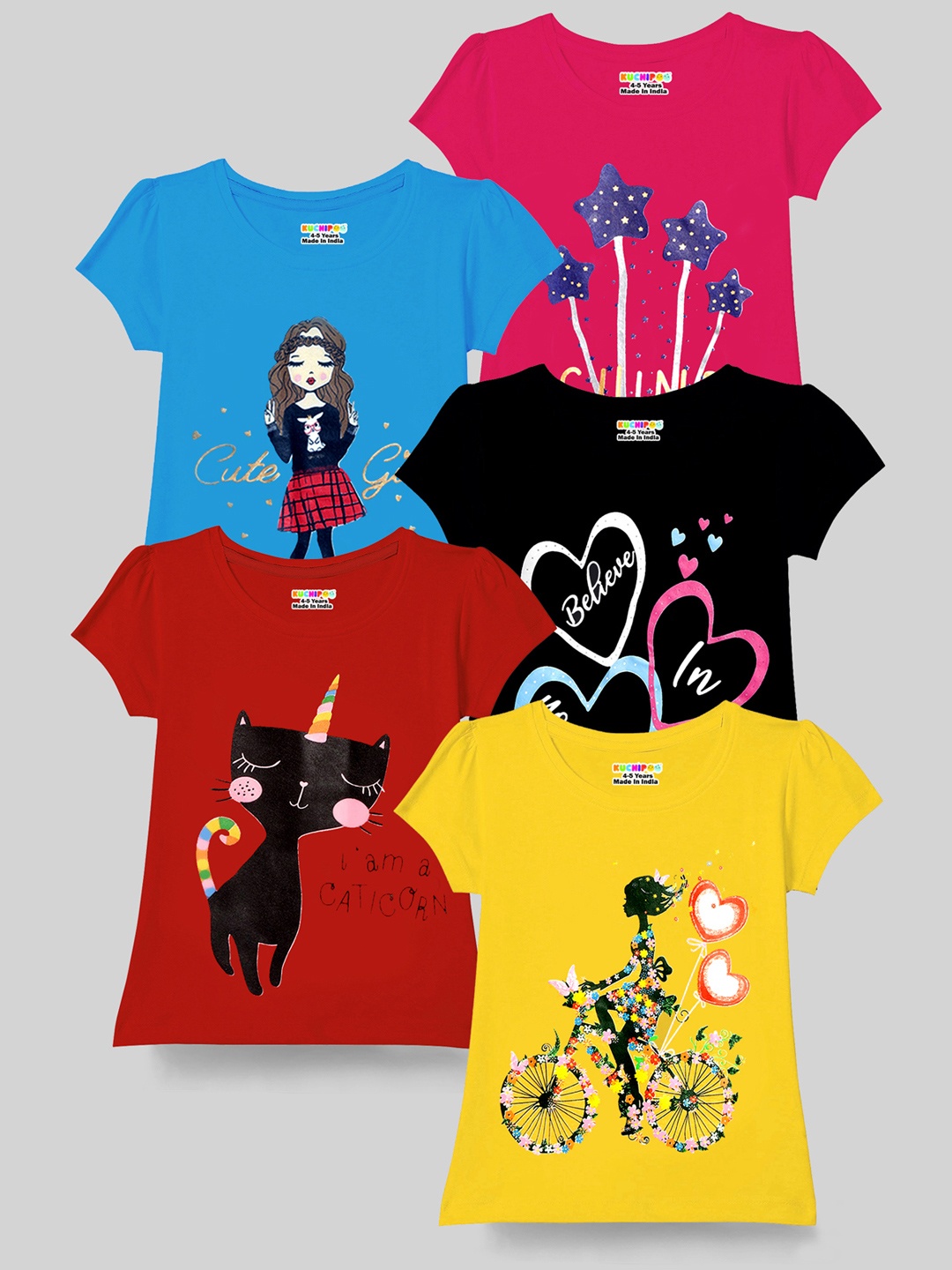 

KUCHIPOO Girls Red & Yellow Pack Of 5 Printed T-shirt, Multi