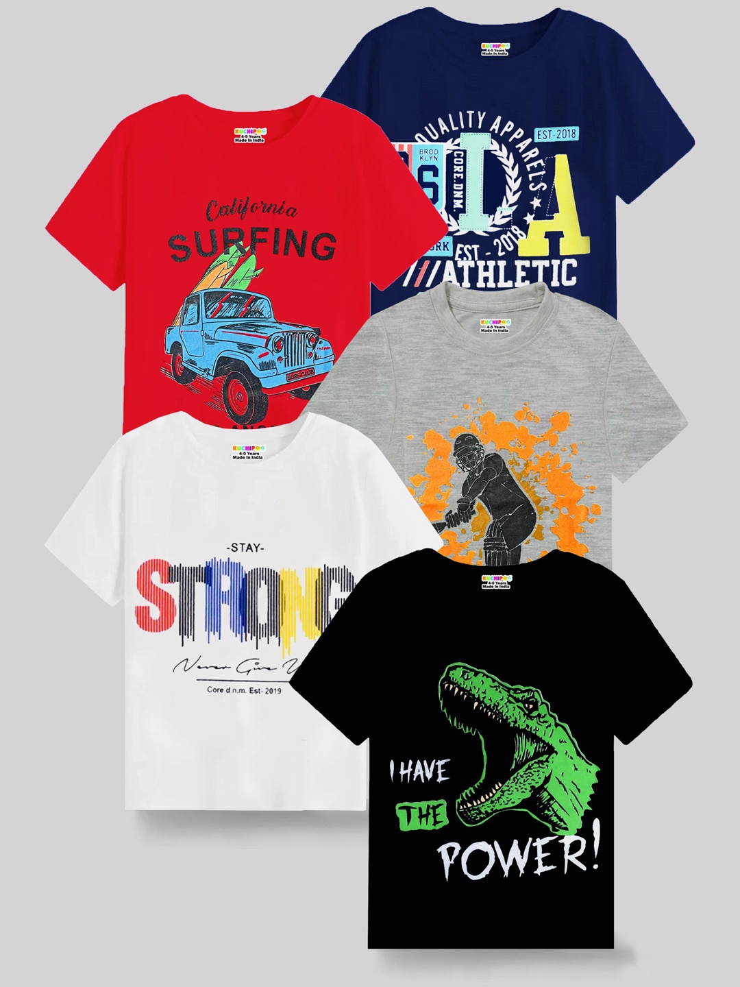 

KUCHIPOO Boys Multicoloured Pack Of 5 Typography Printed T-shirt, Multi