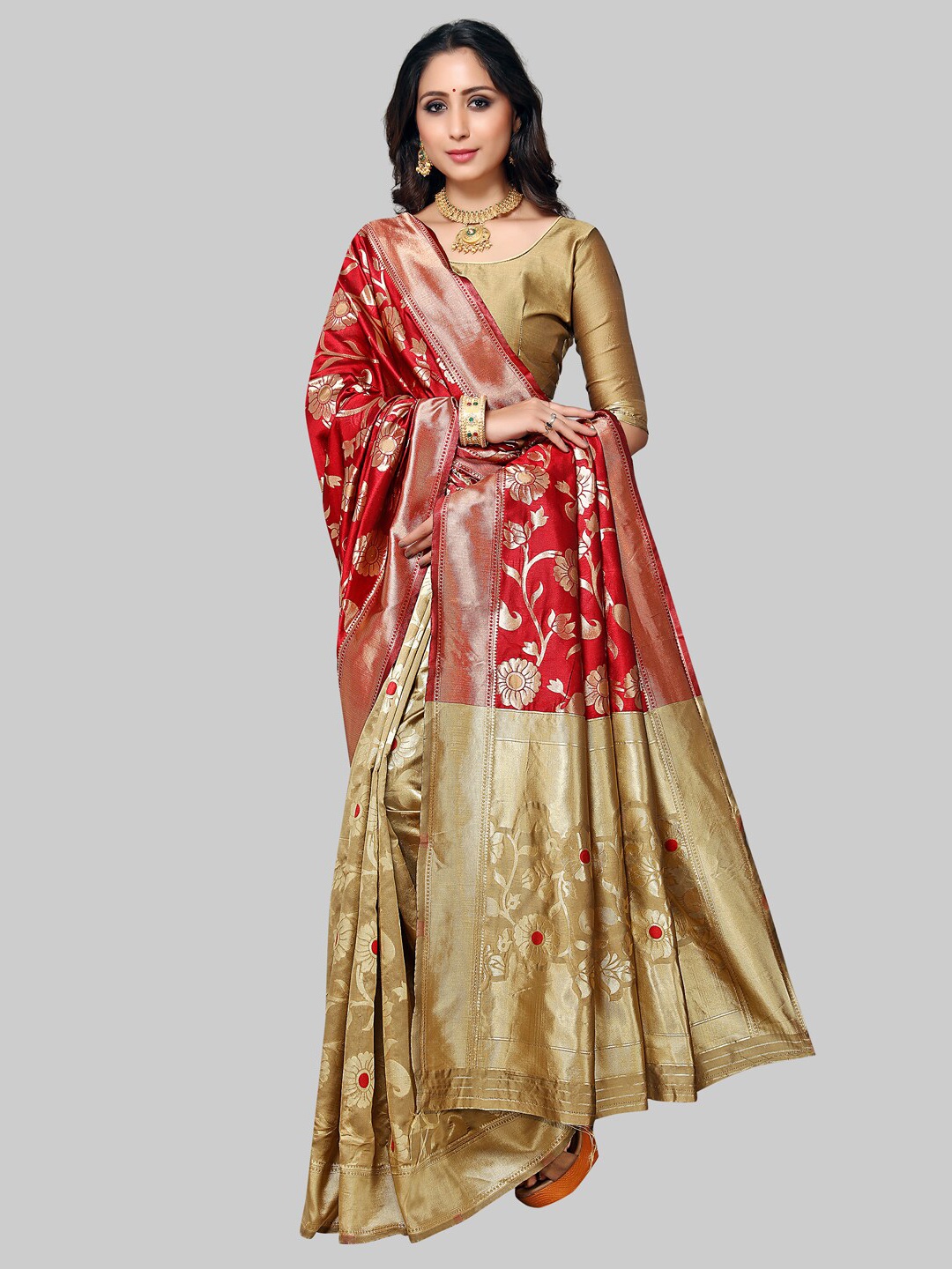 

KALINI Red & Gold-Toned Ethnic Motifs Zari Silk Blend Banarasi Saree