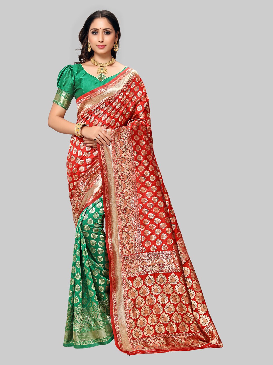 

KALINI Red & Green Ethnic Motifs Zari Silk Blend Banarasi Saree